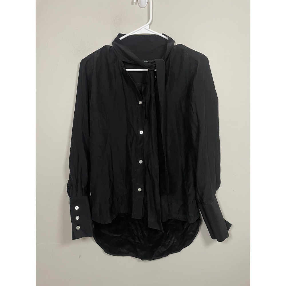 J Brand Silk Delorna Tie Neck Blouse in‎ Black Size Small Quiet Luxury Career